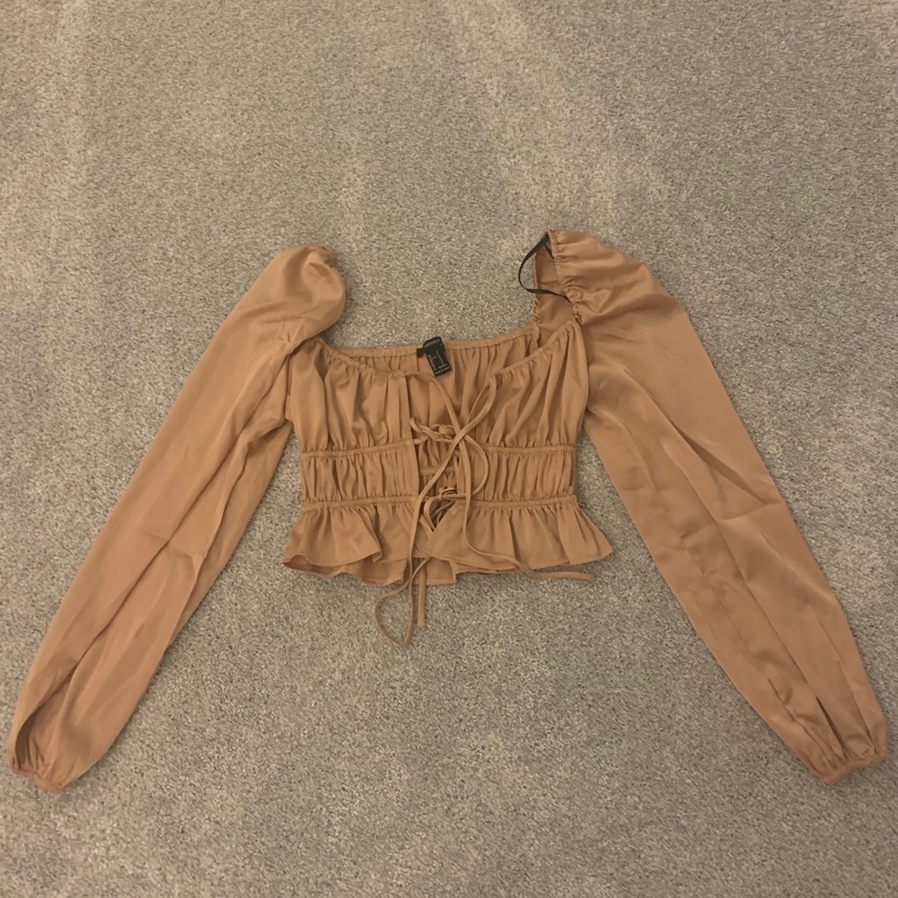 champagne long sleeve center tie top